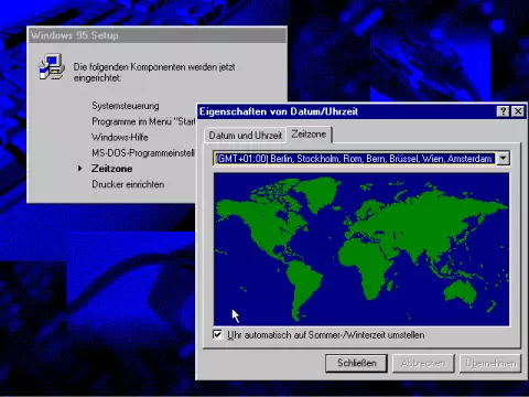"Screenshot WINDOWS 95 Setup Time Zone"